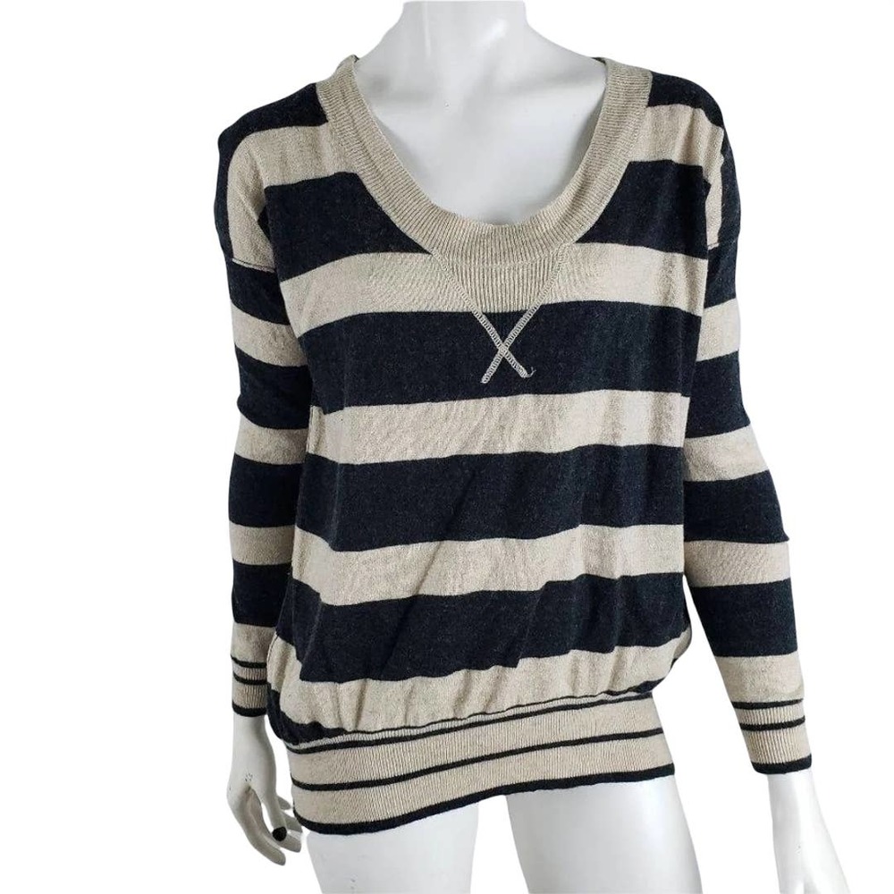 Jamison Sweater XS Slouchy Rugby Stripe Pullover Banded Waist Tan Black
